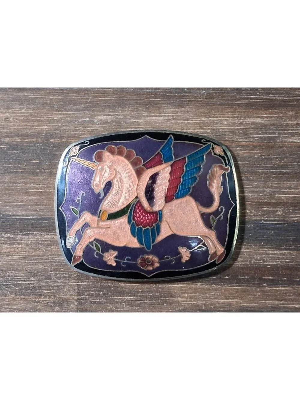 Vintage Winged Unicorn Belt Buckle Epic Cloisonne Enamel Purple Alicorn Mythical